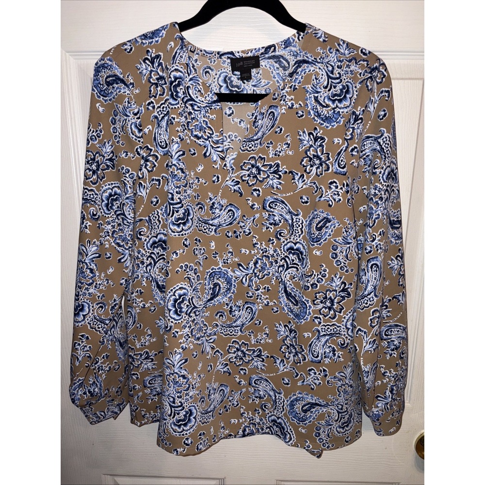 J Jill Wearever S Paisley Floral Blouse Tan Blue Long Slv Career Top Easy Care